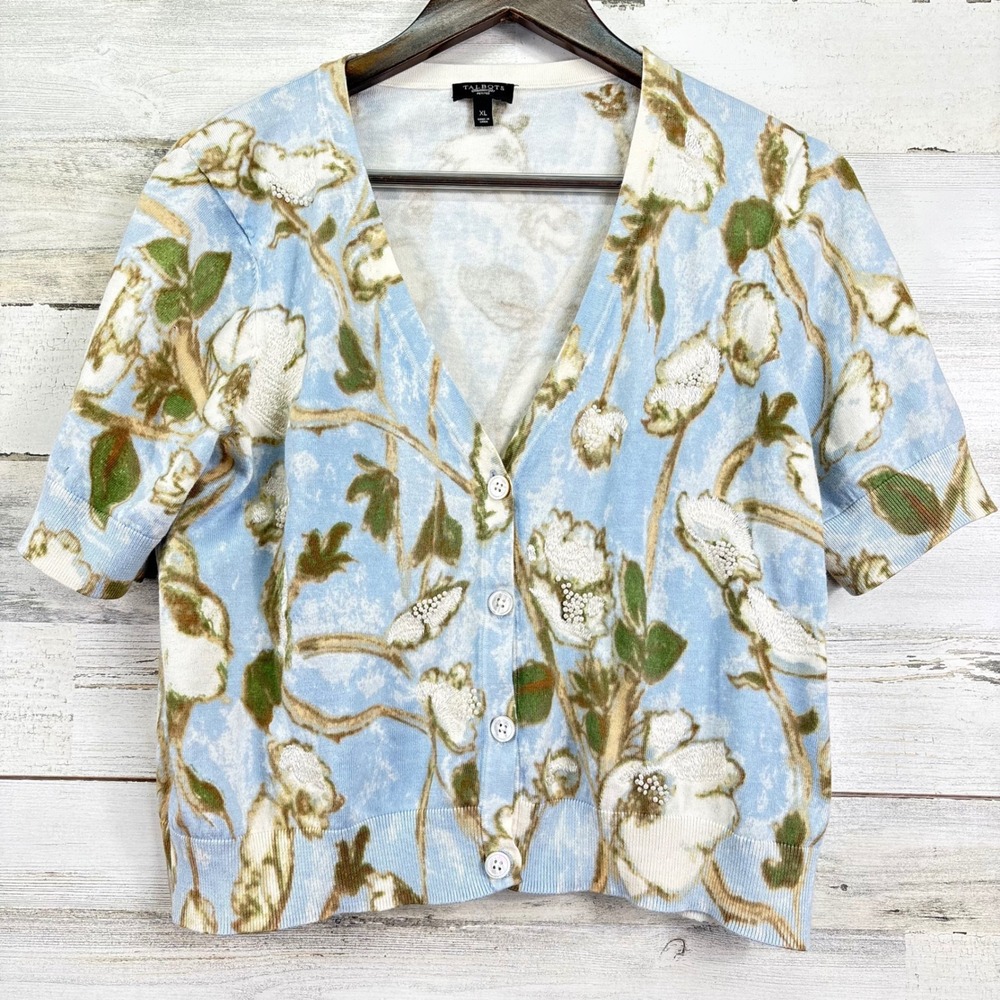 Talbots Floral Light Blue Beaded Short Sleeve‎ V Neck Cardigan Sweater XLP